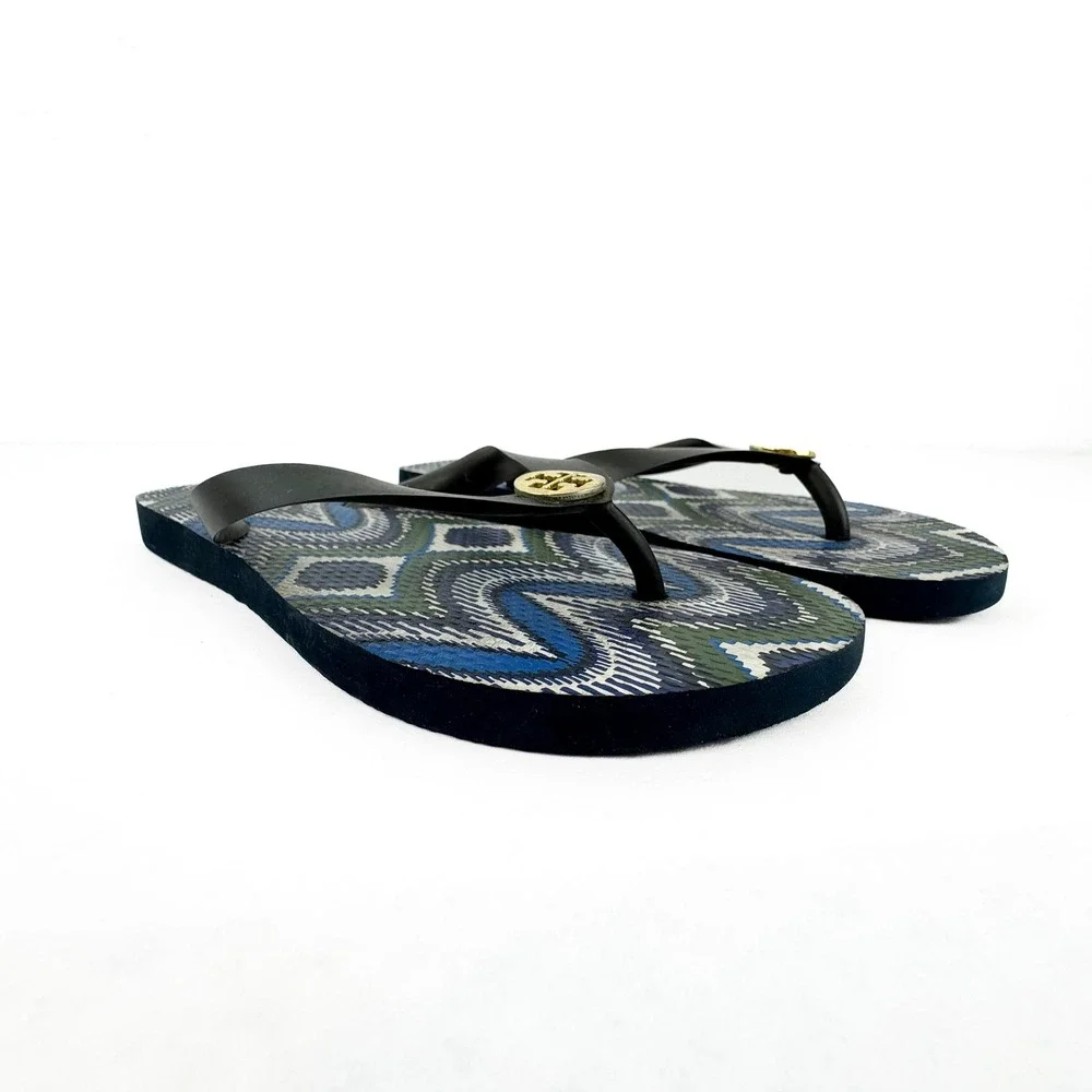 Tory Burch Blue Green Geometric Ikat Print Flip Flop  Gold Logo Size 7/7.5